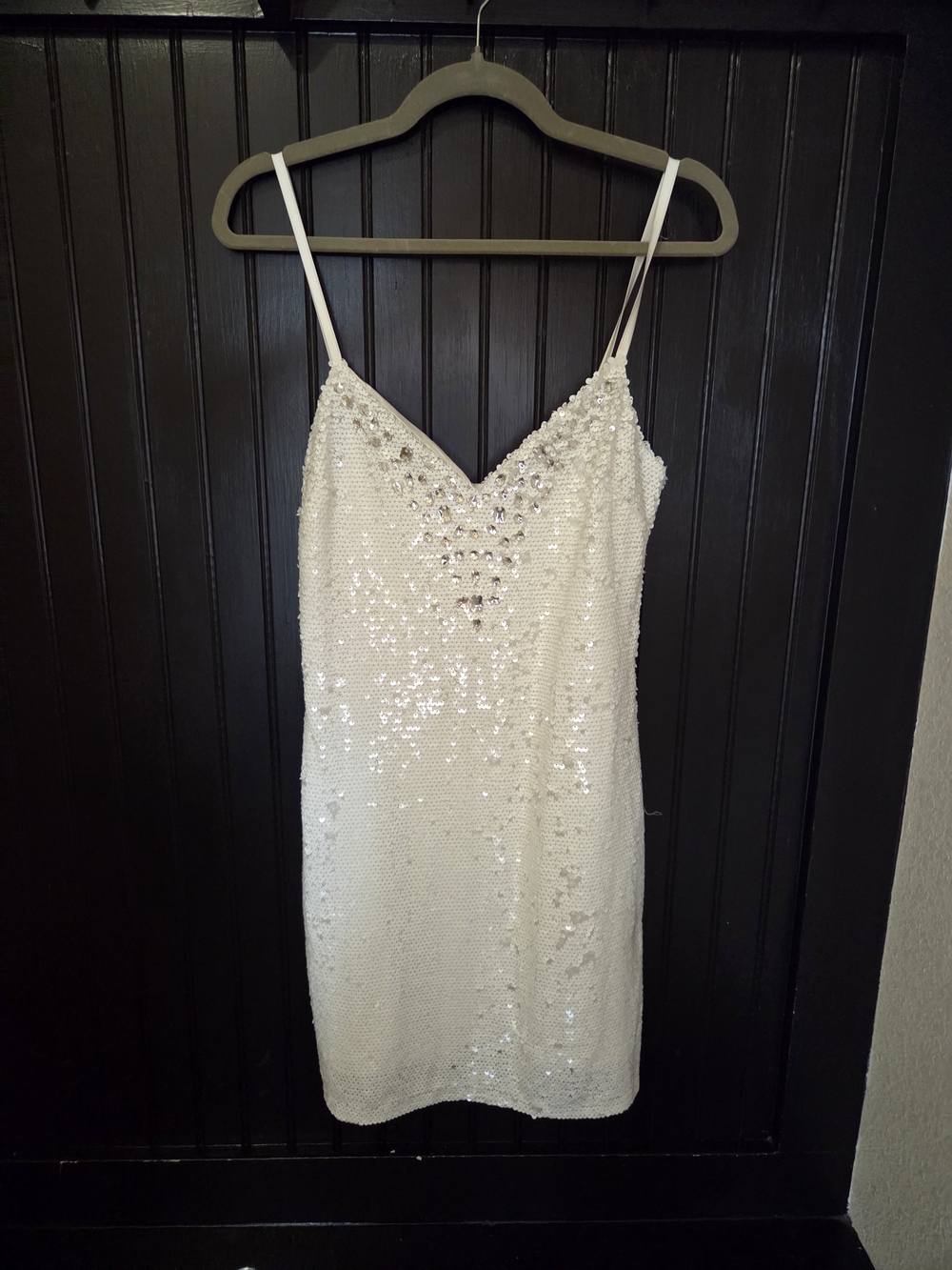 Sequin Slip Dress with Beaded V-Neck - White